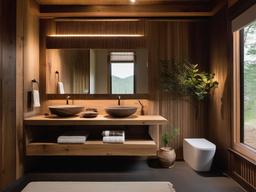 In the guest bathroom, Wabi Sabi interior design features natural materials, simple fixtures, and organic accents that create a welcoming atmosphere for visitors.  