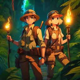 Adventurous explorer and intrepid explorer buddy, wearing rugged outfits and holding torches, delving into the heart of a lost jungle temple in search of hidden treasures, as a matching pfp for friends. wide shot, cool anime color style