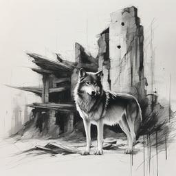 drawing of a wolf in ruins  minimal rough sketch scribbles,doodles,black and white