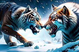 direwolf pack vs sabertooth tiger - prehistoric predators collide on a frozen tundra, teeth and claws bared. 