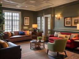 In the office break room, American Colonial interior design includes cozy seating, vintage decor, and a warm ambiance that encourages relaxation and socialization among employees.  