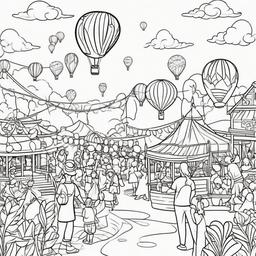 Summer festival scene with balloons and games  simple coloring pages