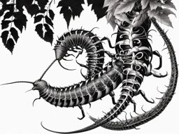 Centipede crawling on a vine design: Nature's intricate beauty entwined in ink.  black white tattoo, white background