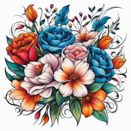 Tattoo bouquet, Creative tattoos representing a bouquet of flowers.  vivid colors, white background, tattoo design