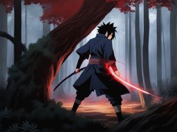 sasuke uchiha activates the sharingan to face off against a formidable foe in a forest. 