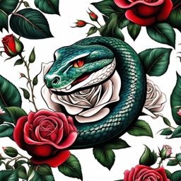 Snake with rose tattoo, Tattoos that blend the symbolism of snakes with the beauty of roses.  vivid colors, white background, tattoo design