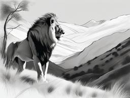 drawing of a lion in valley  minimal rough sketch scribbles,doodles,black and white