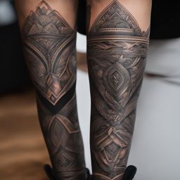 leg sleeve tattoo, covering the entire leg with a cohesive and artistic design. 