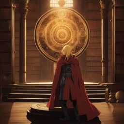 edward elric transmutes elements with intricate alchemical circles in an ancient library. 