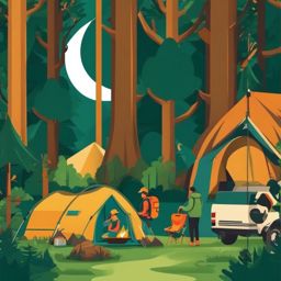 Camping in a Forest with Wildlife Clipart - Campers in a forest with various wildlife.  color vector clipart, minimal style