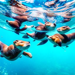 otters practicing synchronized swimming, creating intricate water patterns with their flips and dives. 