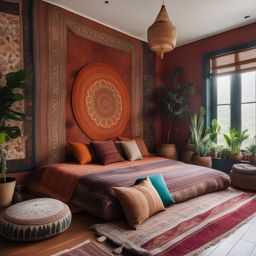 bohemian bedroom with floor cushions and a tapestry-covered accent wall. 