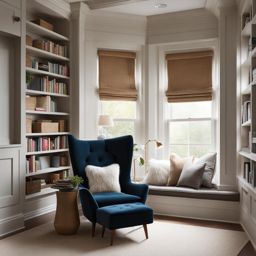 cozy reading nook with built-in bookshelves and a plush armchair. 