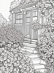 Violet coloring page sheet - Tiny violets nestled in the corner of a quaint garden.  black outline printable coloring page