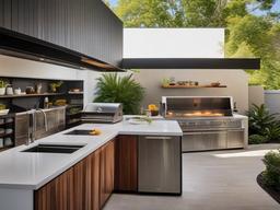 In the outdoor kitchen, urban modern interior design showcases stylish appliances, open shelving, and a functional layout that enhances cooking and entertaining experiences in a chic setting.  