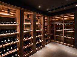 In the wine cellar, Wabi Sabi interior design features rustic wood racks, ambient lighting, and a focus on natural elements that create a welcoming atmosphere for wine enthusiasts.  