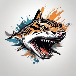 Tiger Shark tattoo,Bold stripes adorn a powerful Tiger Shark, showcasing its strength and ferocity.  color tattoo style, minimalist, white background