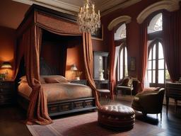 In the bedroom, Italian Renaissance interior design showcases a majestic four-poster bed, rich textiles, and antique accents that evoke a sense of historical luxury and comfort.  