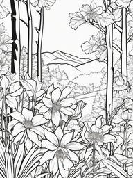 Columbine coloring page sheet - Columbine flowers swaying gently in a forest clearing.  black outline printable coloring page