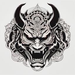 Oni Mask Snake Tattoo - Tattoo featuring the Oni mask alongside a snake motif, symbolizing transformation and power.  simple color tattoo,white background,minimal
