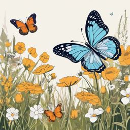 Butterflies in the Meadow clipart - Butterflies in a meadow of flowers, ,vector color clipart,minimal