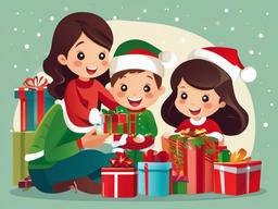 Christmas Pictures clipart - children opening gifts  vector clipart