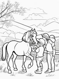 Horse and Kids Coloring Pages - Children Playing with Their Horse  minimal black outline printable sheet, coloring page