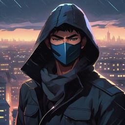 Enigmatic masked vigilante, perched on a rainy city rooftop, ready to thwart villains and protect the innocent.  front facing ,centered portrait shot, cute anime color style, pfp, full face visible