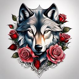 Rose and Wolf Tattoo,harmonious blend of a rose and a wolf, synthesis of beauty and strength. , color tattoo design, white clean background