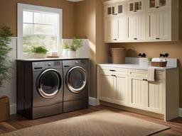 Colonial laundry room features classic cabinetry, warm colors, and simple decor that provide a cozy and timeless environment for laundry tasks.  