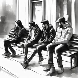 drawing of friends sitting on a bench  minimal rough sketch scribbles,doodles,black and white