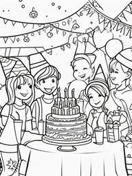 Kawaii Birthday Party Coloring Pages - Fun Birthday Celebration with Friends  minimal black outline printable sheet, coloring page