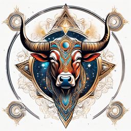 Bull with celestial symbols tattoo. Cosmic energy in strength.  color tattoo design, white background