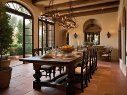 Tuscan dining room embodies rustic luxury with a solid oak table, wrought iron light fixtures, and terracotta flooring, echoing the warmth and charm of an Italian countryside estate.  